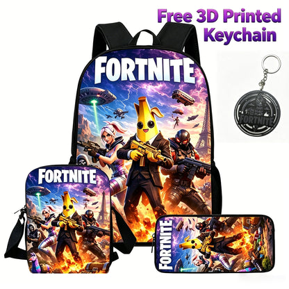 3-teiliges Kinder-Rucksack-Set, Umhängetasche & Federmäppchen, FORTNITE-Cartoon-Tasche, leicht, für Jungen und Mädchen von 6-10, kostenloser 3D-gedruckter Schlüsselanhänger