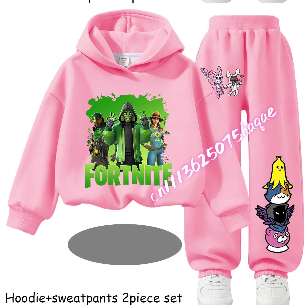 Fortnite-bedruckte Kinder-Hoodies, Cartoon-Design, bequemes 2-teiliges Set, locker sitzende Langarm-Oberteile mit Hose, Herbst-/Winterkleidung, Geschenk