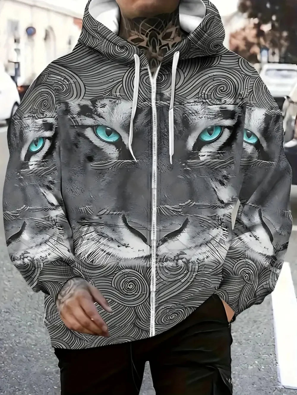2025 Men's Long Sleeve Zip-up Tiger Graphic Hoodie Casual Outdoor Fashion Coat with Drawstring and Pockets Zip-up Hoodie for Men