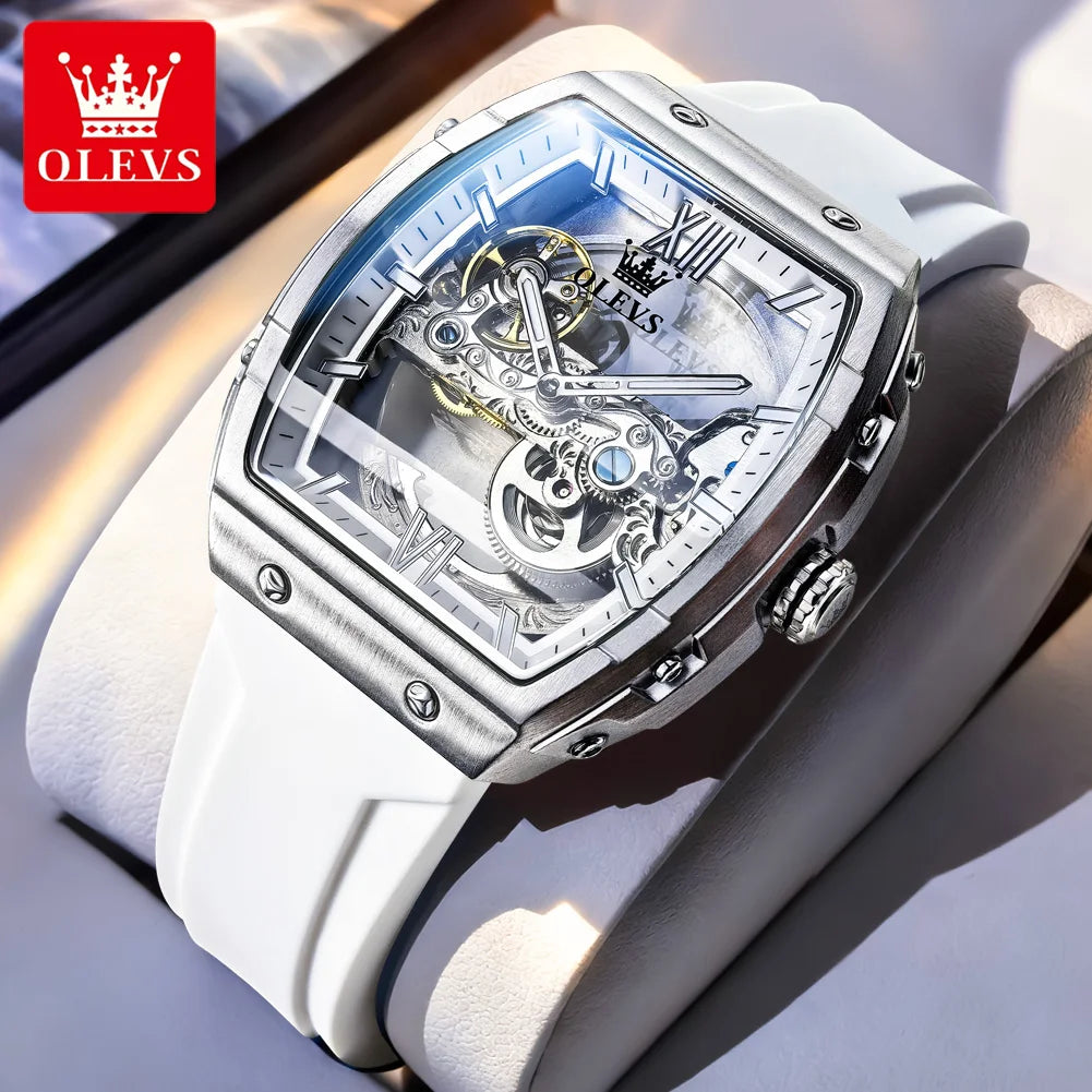  OLEVS Automatic Men Watch White Rubber Strap Mechanical Tourbillon Watches Men Luminous Watches Waterproof