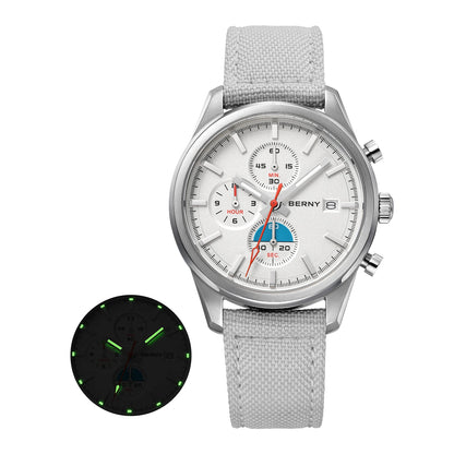 BERNY Chronograph Watch for Men/Women 37mm Dial Woven Fabric Sapphire AR Coated 5ATM Fashion Sport Calendar 316L Couple Watch
