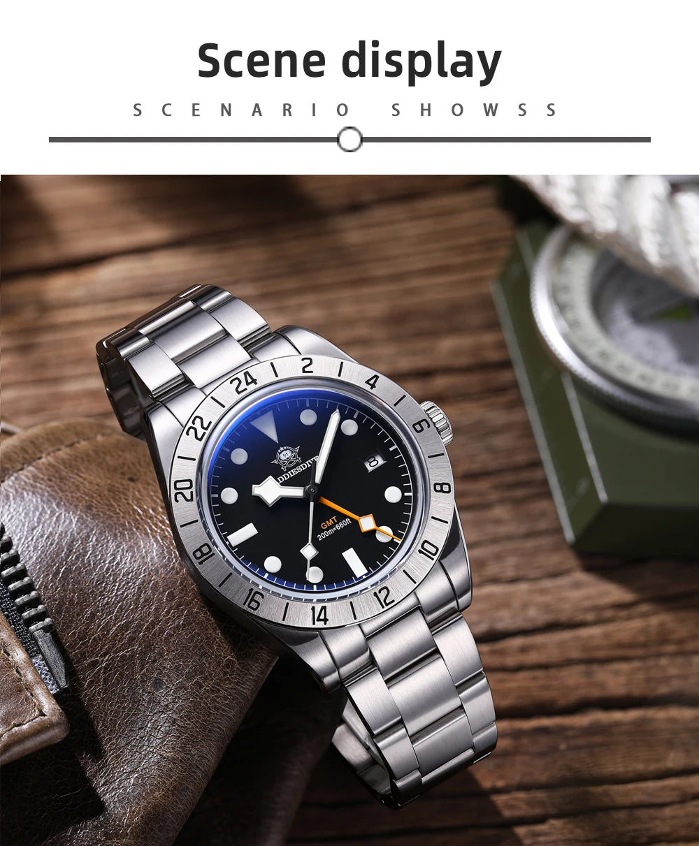 ADDIESDIVE Neue Luxus-Herrenuhr 200 wasserdichte Edelstahl-Quarzuhr BGW9 Super Blue Leucht-GMT-Edelstahluhr