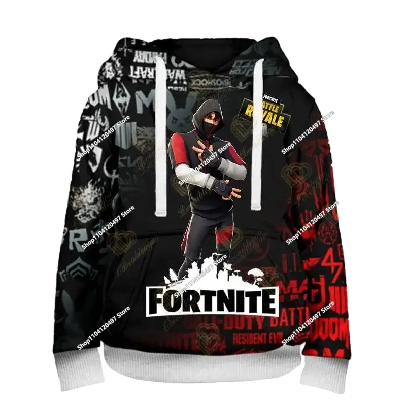 Детски аниме суитшърт с качулка Fortnite, мъжки streetwear хип-хоп спортен стил, ежедневен свободен суитшърт за навън, модерен дизайн