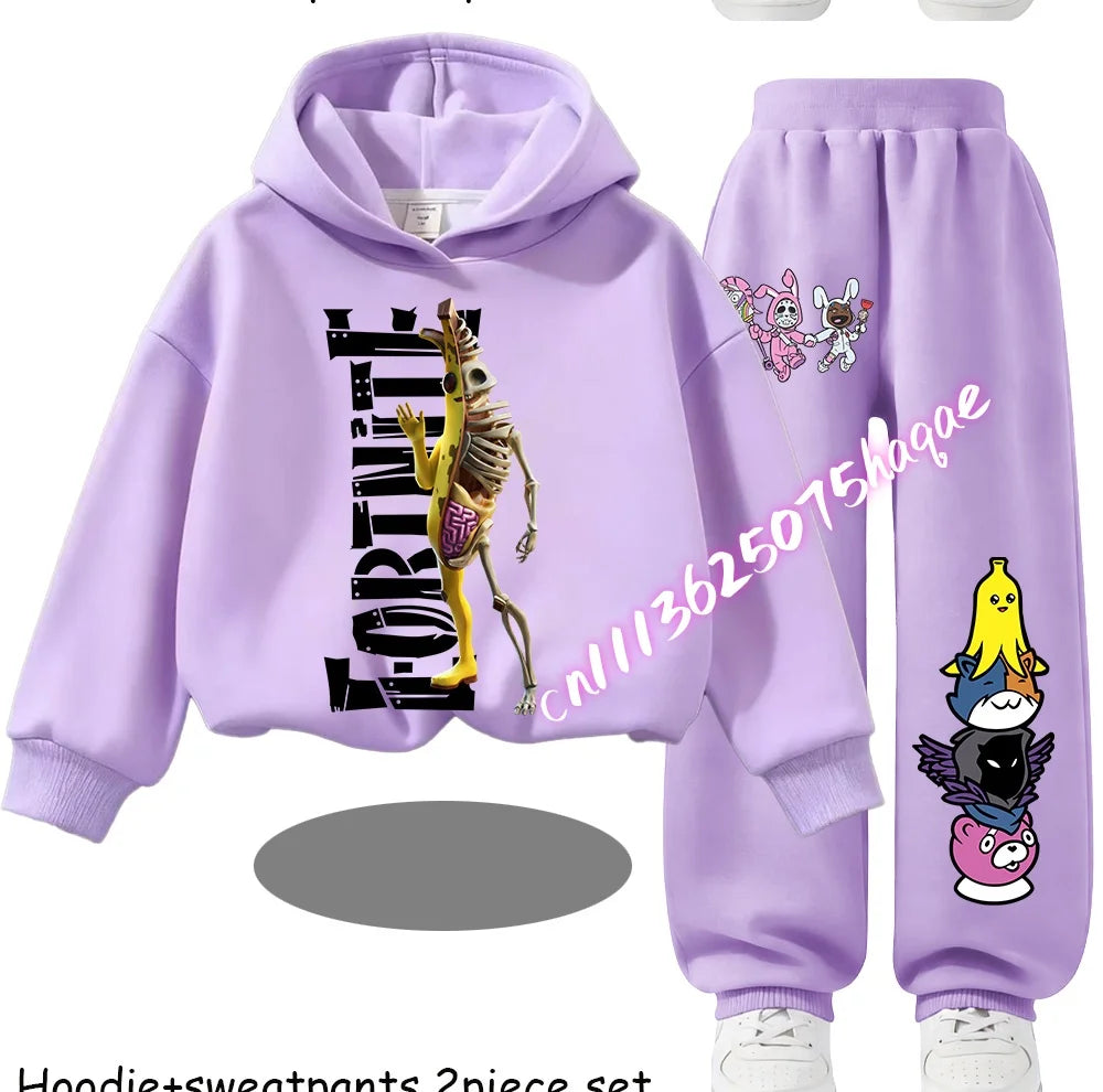 Fortnite-bedruckte Kinder-Hoodies, Cartoon-Design, bequemes 2-teiliges Set, locker sitzende Langarm-Oberteile mit Hose, Herbst-/Winterkleidung, Geschenk