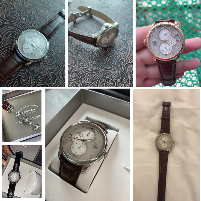 Luxury Brand BORMAN Automatic Mechanical Men's Watches Sapphire 50M Waterproof Multi-function Dial Retro Leather Clocks BM18011