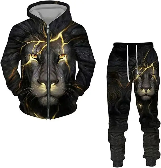 New 3D printed long sleeved hooded sweatshirt set for spring and autumn men's sportswear zipper sweatshirt