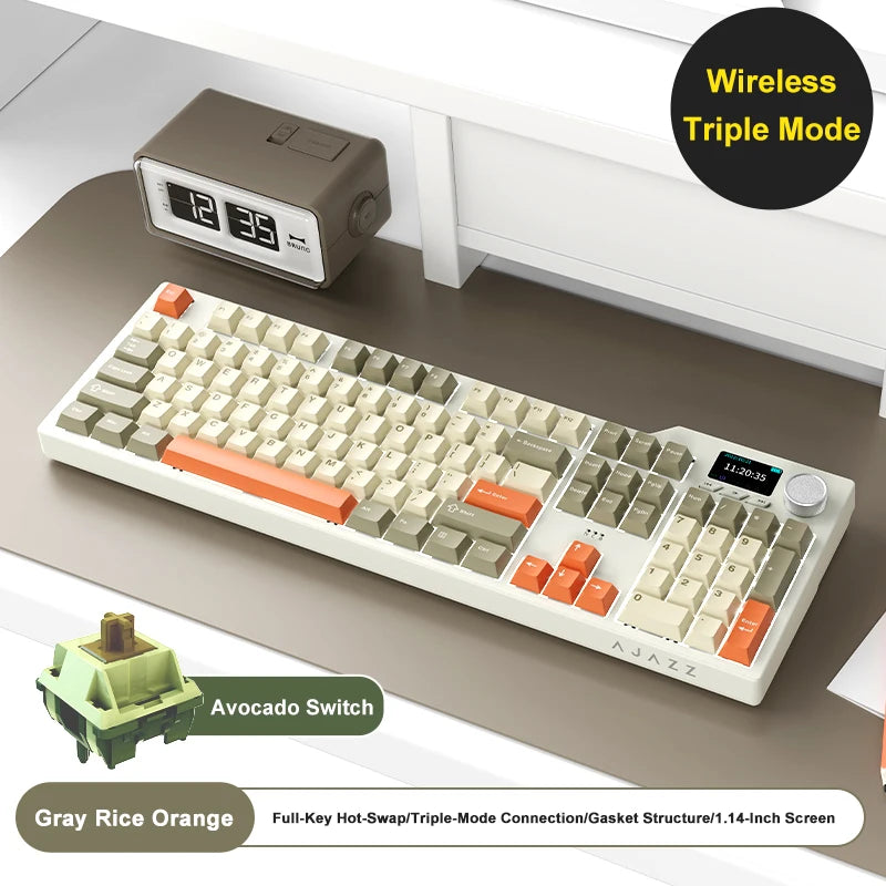 Novo teclado gaming AJAZZ AK35I V3 MAX tri-mode com fios, Bluetooth e sem fios, Gasket, hot swap completo, 104 teclas, teclado personalizado