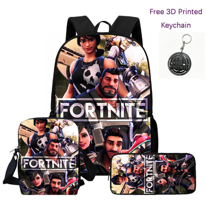 3-teiliges Kinder-Rucksack-Set, Umhängetasche & Federmäppchen, FORTNITE-Cartoon-Tasche, leicht, für Jungen und Mädchen von 6-10, kostenloser 3D-gedruckter Schlüsselanhänger
