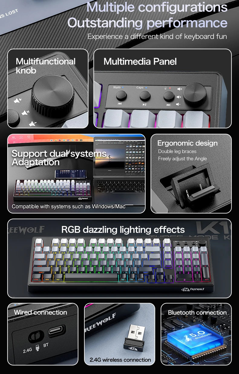 FREEWOLF K100 Wireless Keyboard Quiet with Media Knob|Side-print Backlit|4000mAh|26-Key Rollover Mechanical Feel Keyboard