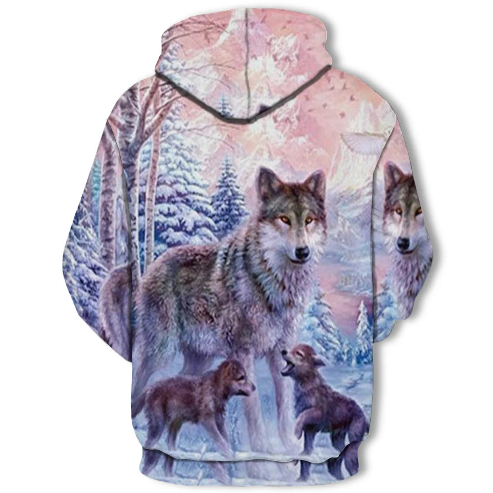 Neuer modischer Hoodie mit 3D-Tierprint für Herren und Damen, personalisiertes Design, Sweatshirt mit Schnee- und Doppelwolf-Motiv, Harajuku Oversized Hoodie