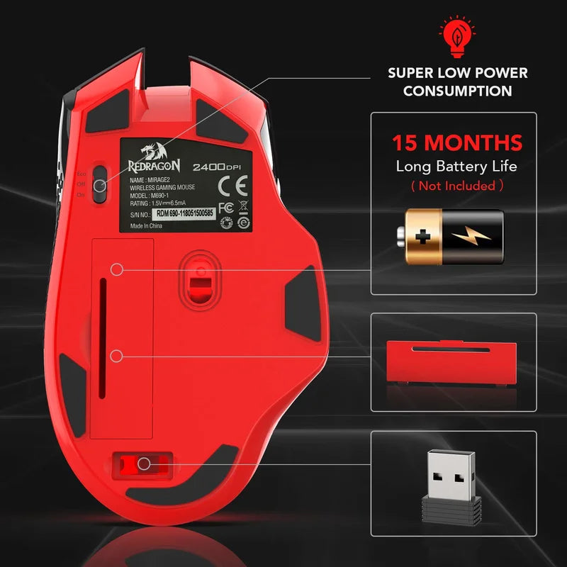 Redragon M690-1 2.4Ghz Wireless Gaming Mouse with DPI Shifting 2 Side Buttons 2400 DPI Ergonomic Design 8 Buttons-Black Mice