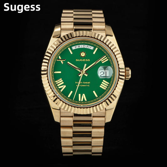 Sugess Watch Mens 40mm Date Day Automatic Dandong Peacock SL3034 Movement Retro Mechanical Wristwatch Sapphire Glass Golden New