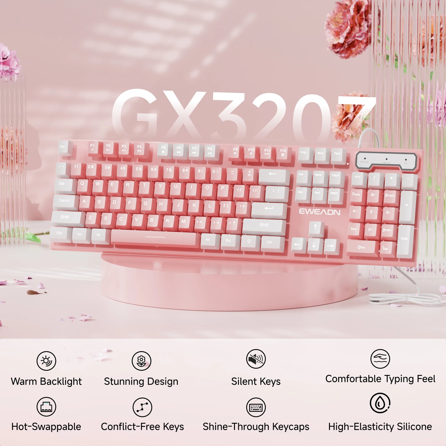 EWEADN Wired Pink White Keyboard, Full-Size Numpad, Quiet Keys, RGB Backlit Cute Design for Laptop/PC, Ideal for Work & Gaming