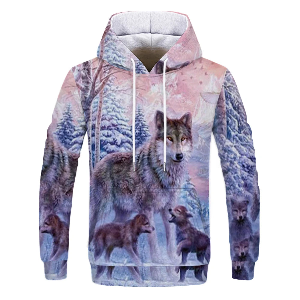 Neuer modischer Hoodie mit 3D-Tierprint für Herren und Damen, personalisiertes Design, Sweatshirt mit Schnee- und Doppelwolf-Motiv, Harajuku Oversized Hoodie