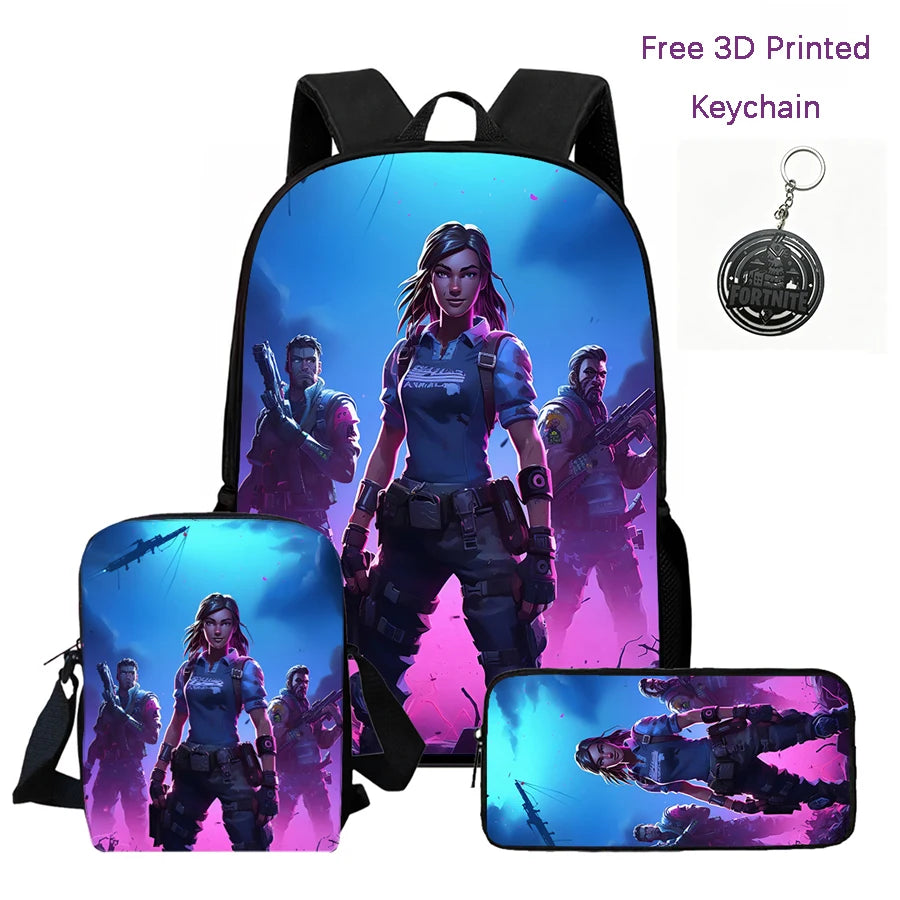 3-teiliges Kinder-Rucksack-Set, Umhängetasche & Federmäppchen, FORTNITE-Cartoon-Tasche, leicht, für Jungen und Mädchen von 6-10, kostenloser 3D-gedruckter Schlüsselanhänger
