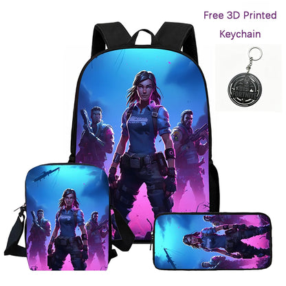 3-teiliges Kinder-Rucksack-Set, Umhängetasche & Federmäppchen, FORTNITE-Cartoon-Tasche, leicht, für Jungen und Mädchen von 6-10, kostenloser 3D-gedruckter Schlüsselanhänger