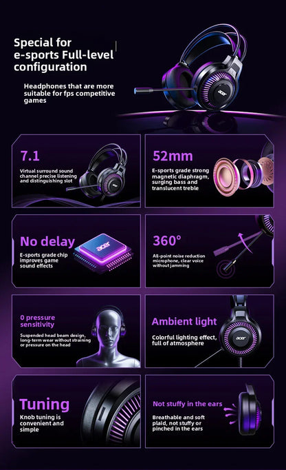 Acer OHW303 Gaming Headset with Microphone – 7.1 Virtual Surround Sound, Deep Bass, LED Lighting & Wired PC Gaming Headphones