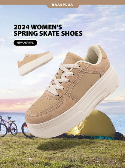 Baasploa Women’s Platform Sneakers Fashion Leather Casual Thick-Soled Shoes for Women Comfort White Skateboarding Shoes Non-Slip