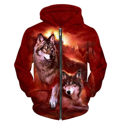 3D Wolf Print Men's Zipper Hoodies Fashion Animal Pattern Top Coat Street Punk Style Oversized Sweatshirts Outdoor Leisure Jackets