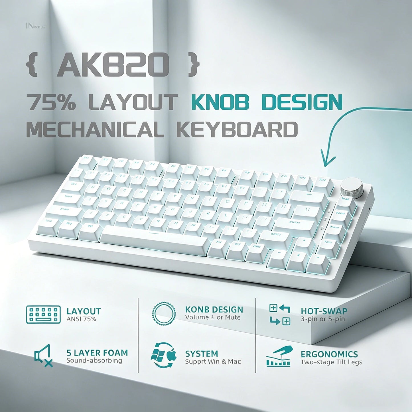 Teclado Mecânico com Fio AJAZZ AK820 75%: Hot-Swappable, Retroiluminação RGB/Branca/Azul-Gelo, Controlo por Botão de Volume | Para Escritório e Gaming