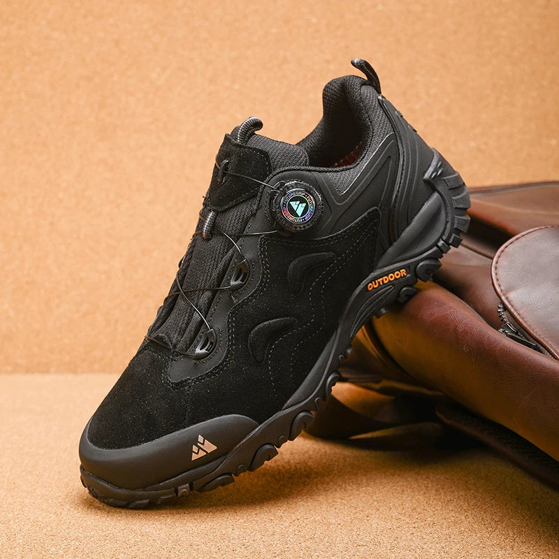 HIKEUP Leather Men's Outdoor Hiking Shoes Tourist Trekking Sneakers Mountain Climbing Trail Jogging Shoes with Turnbuckle