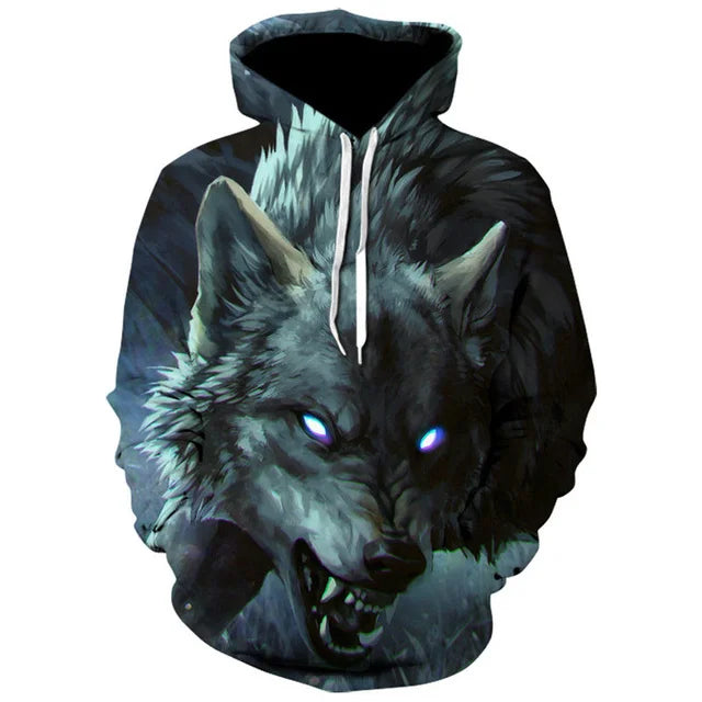 2023 Herren-Oversize-Hoodie mit 3D-Wolf- und Tiermotiv, wilder Krieger, modisches Sweatshirt, locker sitzender Streetwear-Trainingsanzug für Fitness