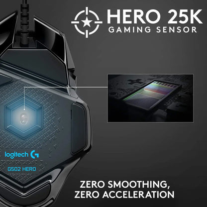 Ratón gaming con cable Logitech G502 HERO de alto rendimiento, sensor HERO 25K, 25,600 DPI, RGB, pesos ajustables, 11 botones, ratón para PC/Mac
