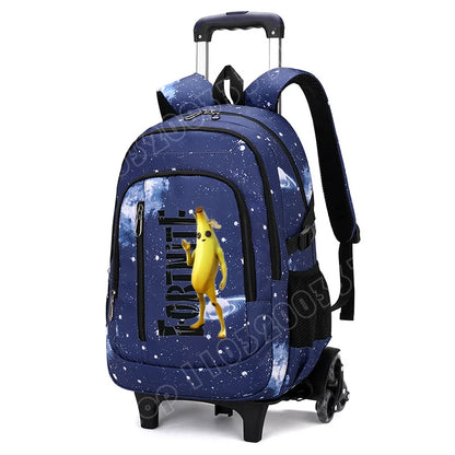Mochila trolley 2 en 1 Fortnite con estampado de cielo estrellado, gran capacidad, impermeable, compartimento para portátil, diseño para subir escaleras, mochila escolar para estudiantes