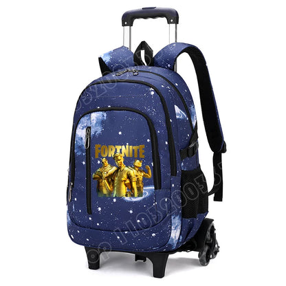 Mochila trolley 2 en 1 Fortnite con estampado de cielo estrellado, gran capacidad, impermeable, compartimento para portátil, diseño para subir escaleras, mochila escolar para estudiantes
