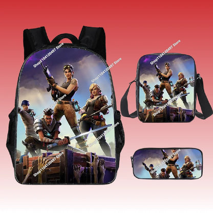 3-teiliges Set Fortnite-Gaming-Rucksack, Anime-Cartoon, große Kapazität, Schultaschen für Schüler, Federmäppchen, Kawaii-Lunchbag, Geburtstagsgeschenke