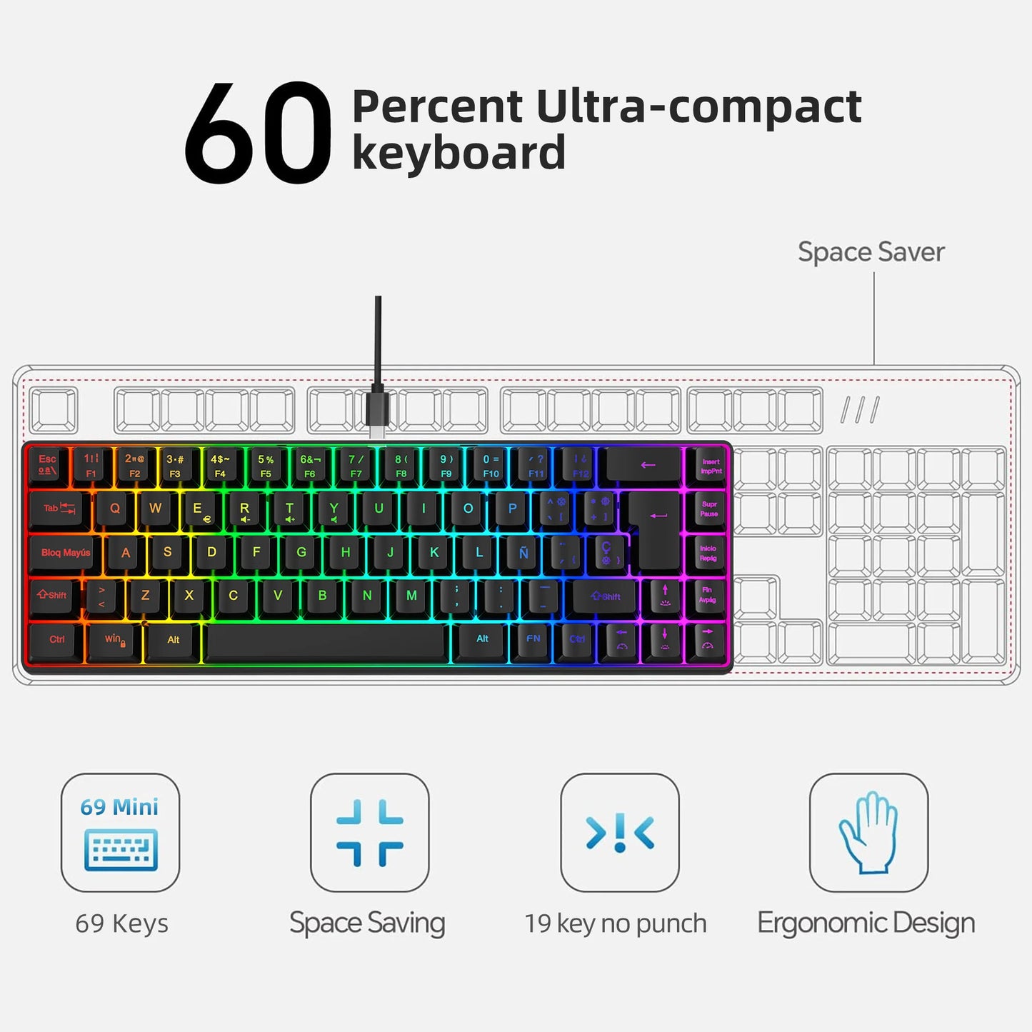 Hot Sale! Spanische kabelgebundene Gaming-Tastatur mit 69 Tasten und RGB-Hintergrundbeleuchtung, kompaktes 68%-Design, ein unverzichtbares Gadget für Büroangestellte und Gamer