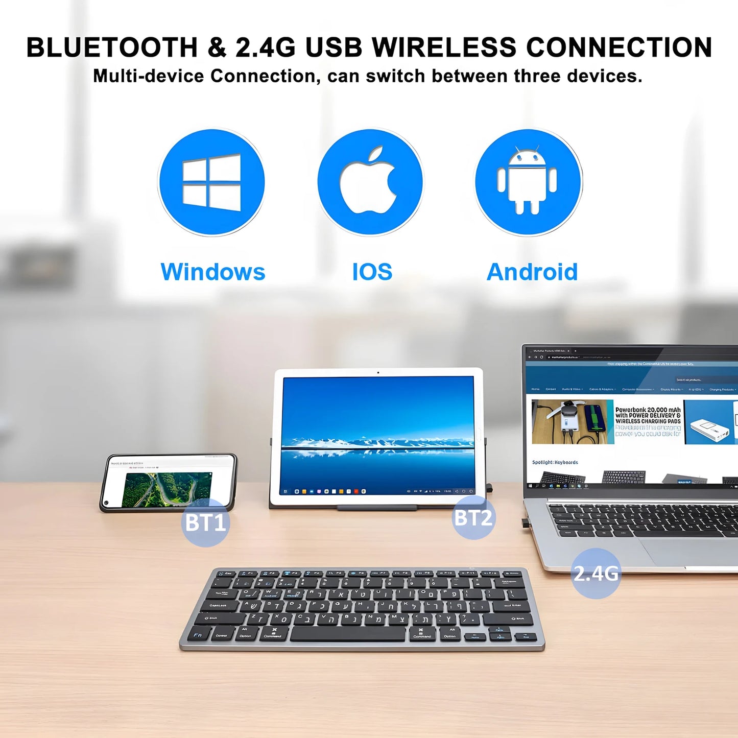 Teclado sem fios com disposição hebraica e inglesa, Bluetooth e 2.4G, modo duplo, fino, compacto e ergonómico, para Windows, iOS e Android