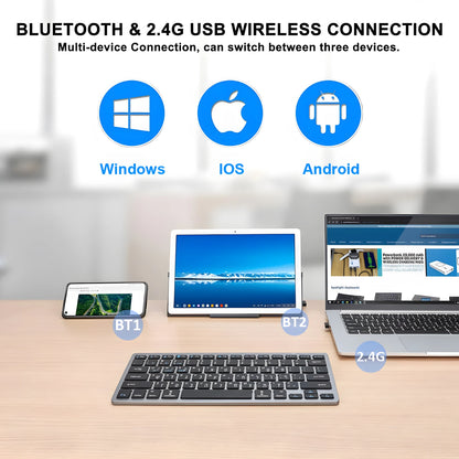 Teclado sem fios com disposição hebraica e inglesa, Bluetooth e 2.4G, modo duplo, fino, compacto e ergonómico, para Windows, iOS e Android