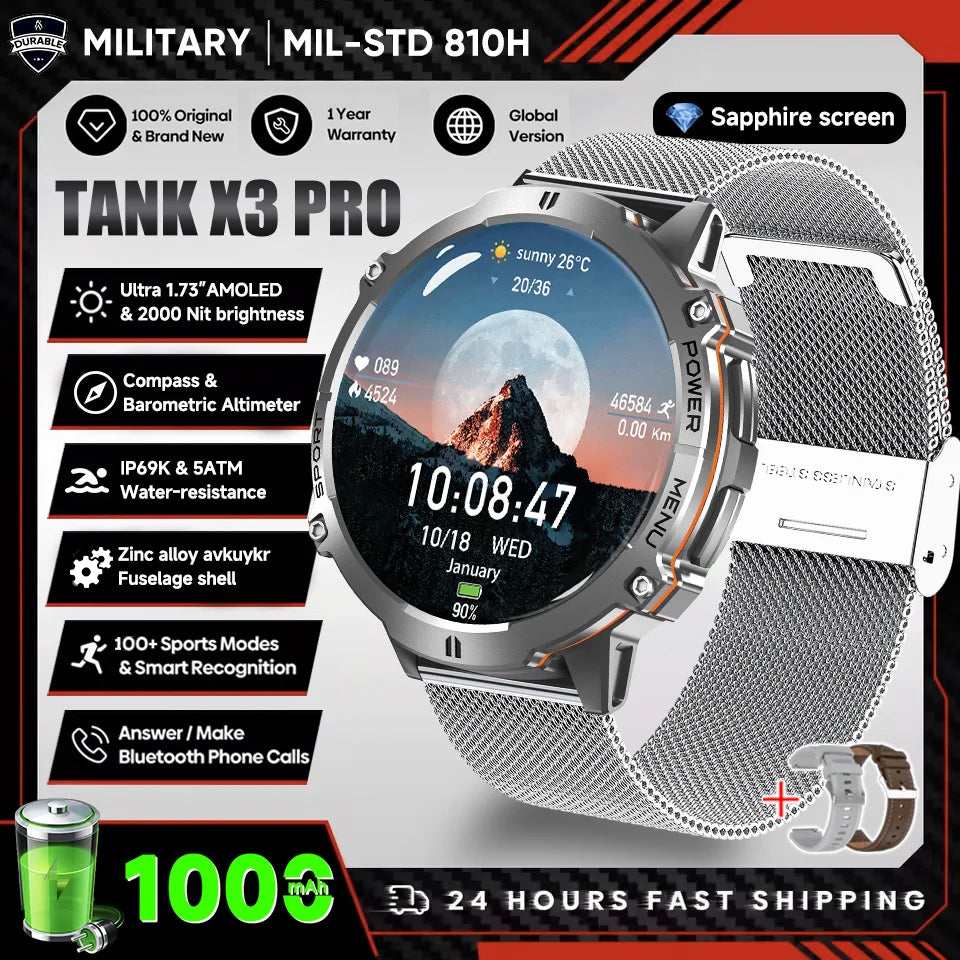 2026 New Military TANK X3 Smartwatch für Herren, 1000mAh Akku, 10ATM wasserdicht zum Schwimmen, GPS-Route, 1.75" AMOLED HD, Anrufe, Sport-Smartwatch