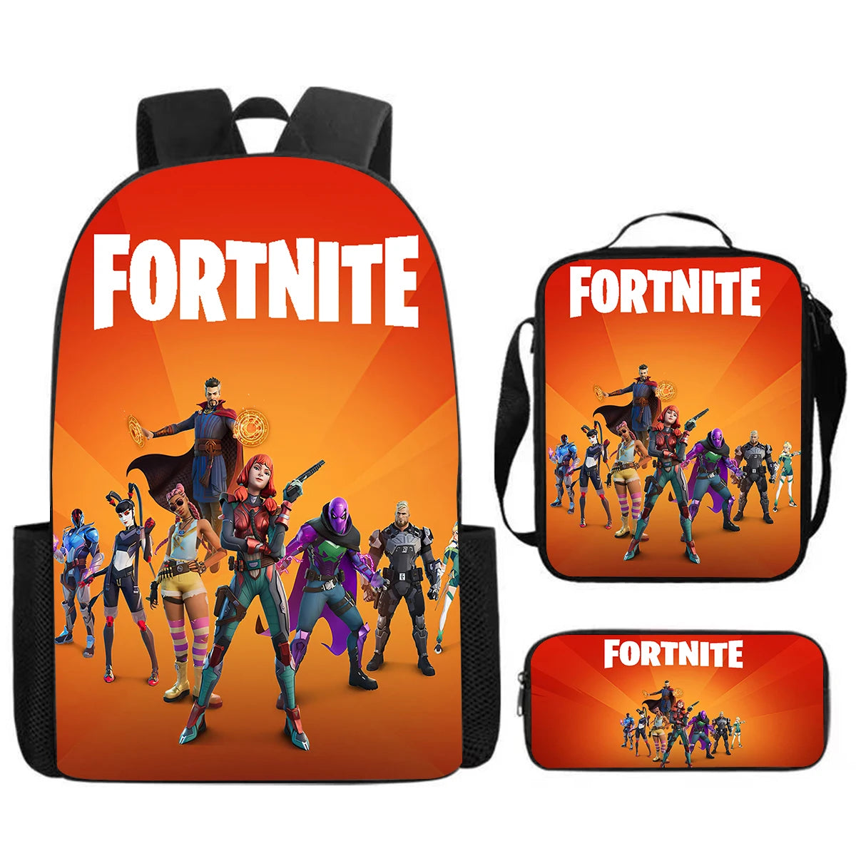 Fortnite Cartoon 3-teiliges Set, großes Fassungsvermögen, geeignet für Jungen und Mädchen von 5-8 Jahren, inklusive Rucksack, Lunchbag und Federmäppchen