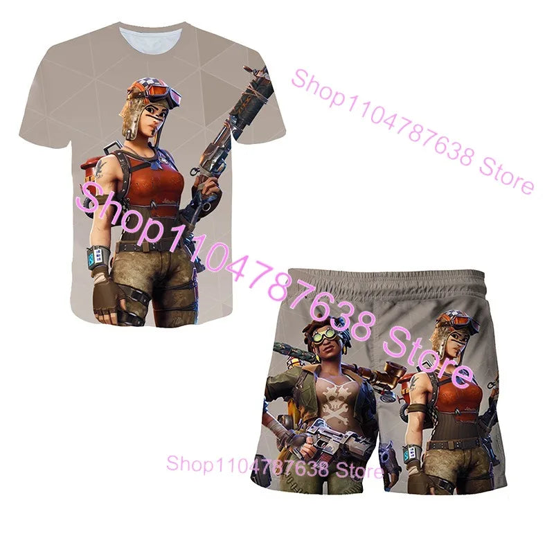2-teiliges Set F-Fortnited Victory 3D-T-Shirt und Shorts für Kinder, Oberteile für Mädchen und Jungen, Battle-Royale-Kleidung, Harajuku-Tees, Hero-Kinder-T-Shirt