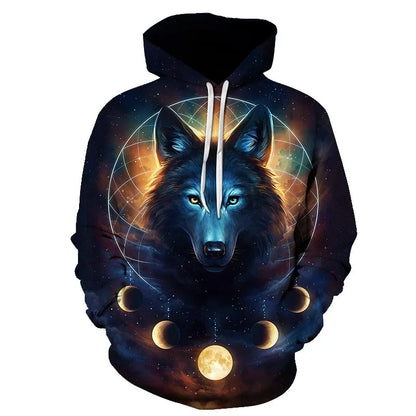 3D Wolf Pattern Printed Hooded Sweatshirt Fashion And Casual Men's Oversized Pullover Harajuku Street Design Hooded Sweatshirt