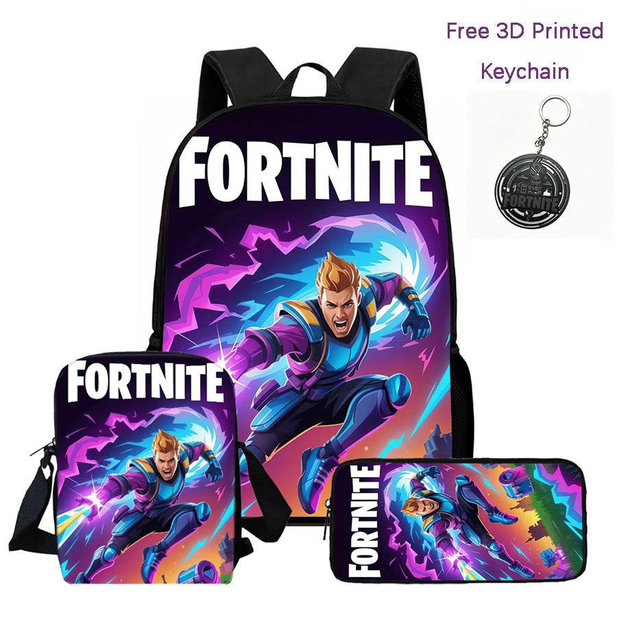 3-teiliges Kinder-Rucksack-Set, Umhängetasche & Federmäppchen, FORTNITE-Cartoon-Tasche, leicht, für Jungen und Mädchen von 6-10, kostenloser 3D-gedruckter Schlüsselanhänger