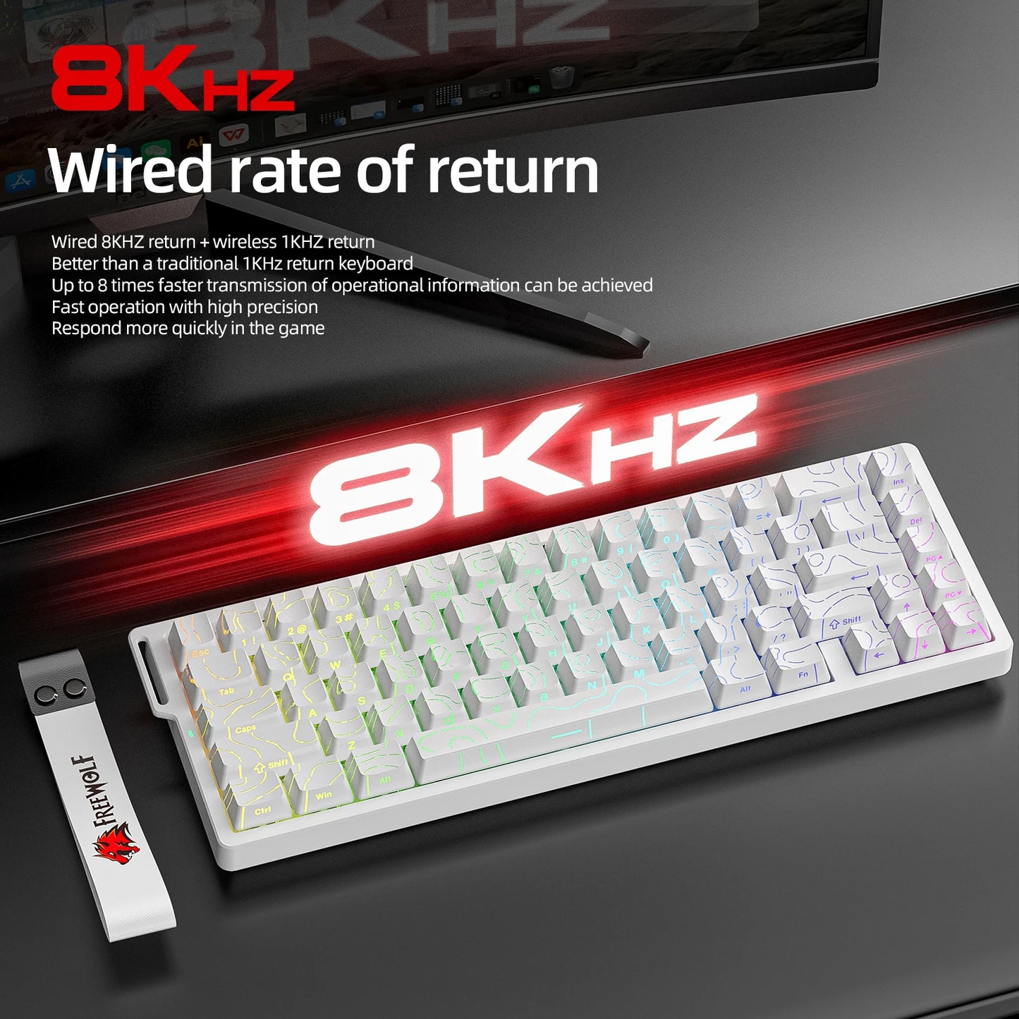 FREEWOLF F68 F68Pro Gaming Keyboard Magnetic Switch 3-Mode Wireless Bluetooth Wired, 8K/1K Polling RGB Hot-Swap RT VALORANT FPS