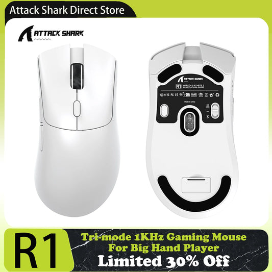 Mouse da gaming tri-mode ATTACK SHARK R1, sensore PixArt PAW3311, 18000 DPI, 1000hz, ultraleggero 59g per mani grandi, per PC/Mac