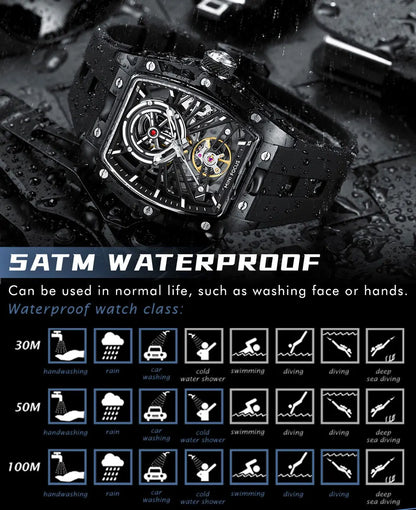 MINI FOCUS Herren-Armbanduhr, modisch, schwarz, wasserdicht, automatische mechanische Uhr mit Leuchtzeigern, Silikonarmband und Tonneau-Zifferblatt
