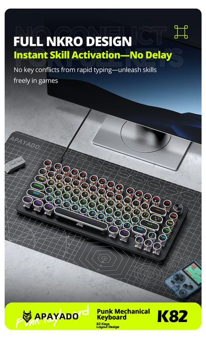APAYADO K82 Wired Steampunk Mechanical Keyboard 75% Compact 82-Key Hot-Swappable RGB Retro Gaming Keyboard Multifunctional Knob