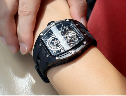 MINI FOCUS Herren-Armbanduhr, modisch, schwarz, wasserdicht, automatische mechanische Uhr mit Leuchtzeigern, Silikonarmband und Tonneau-Zifferblatt