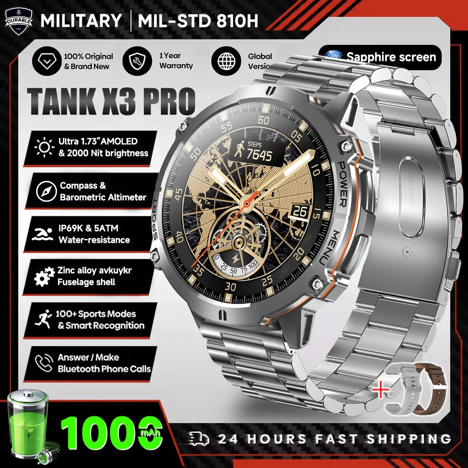 2026 New Military TANK X3 Smartwatch für Herren, 1000mAh Akku, 10ATM wasserdicht zum Schwimmen, GPS-Route, 1.75" AMOLED HD, Anrufe, Sport-Smartwatch