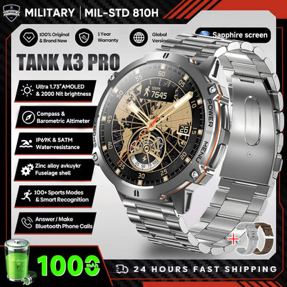 2026 New Military TANK X3 Smartwatch für Herren, 1000mAh Akku, 10ATM wasserdicht zum Schwimmen, GPS-Route, 1.75" AMOLED HD, Anrufe, Sport-Smartwatch