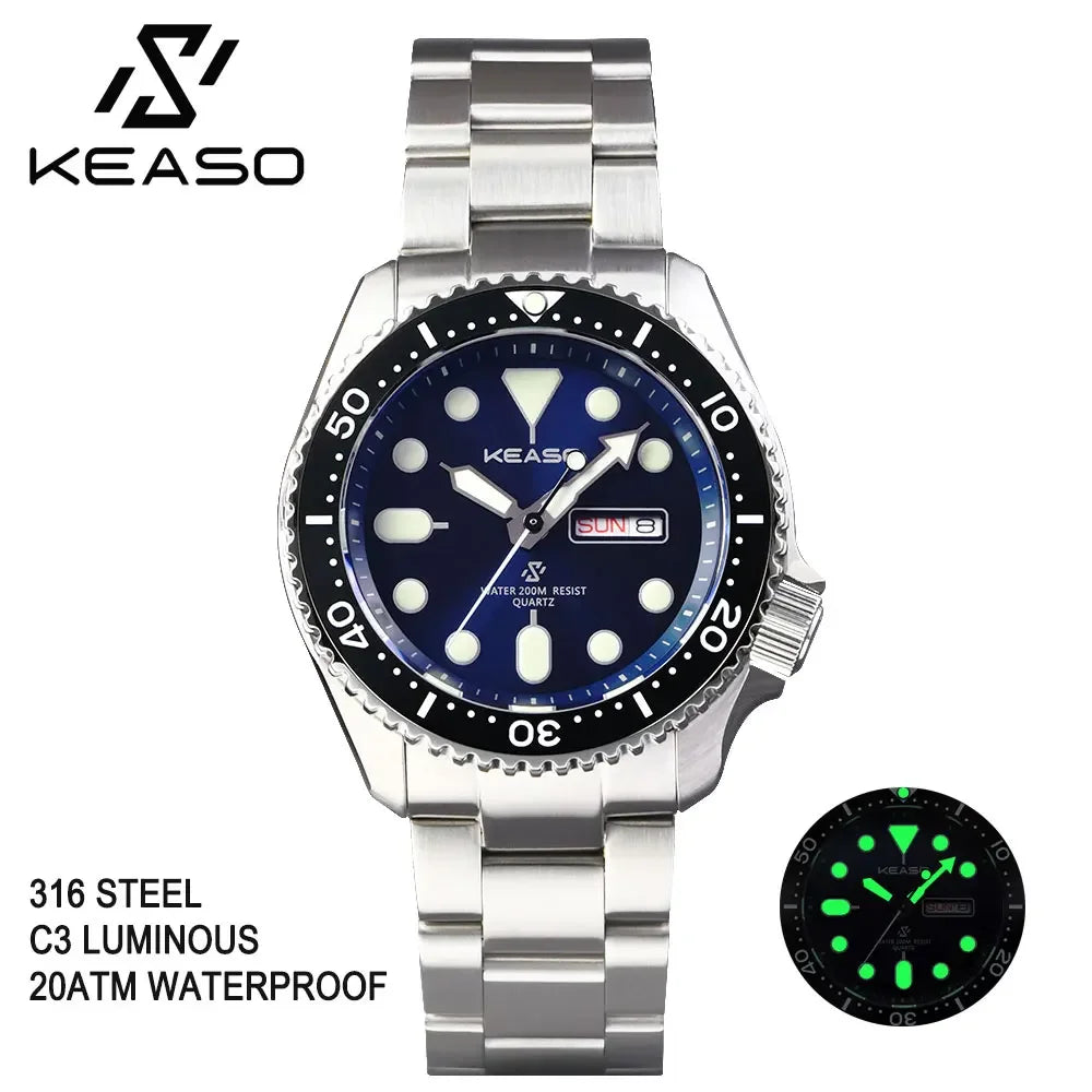 KEASO Top Men Dive Watch C3 Super Luminous 316L Solid Steel 20Bar Waterproof Sapphire Mirror MIYOTA 2035 Quartz Movement Watch