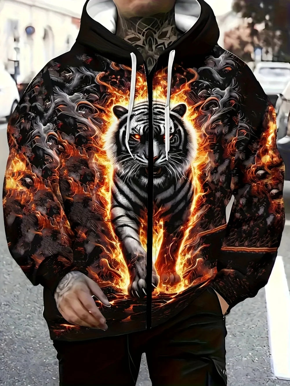 2025 Men's Long Sleeve Zip-up Tiger Graphic Hoodie Casual Outdoor Fashion Coat with Drawstring and Pockets Zip-up Hoodie for Men