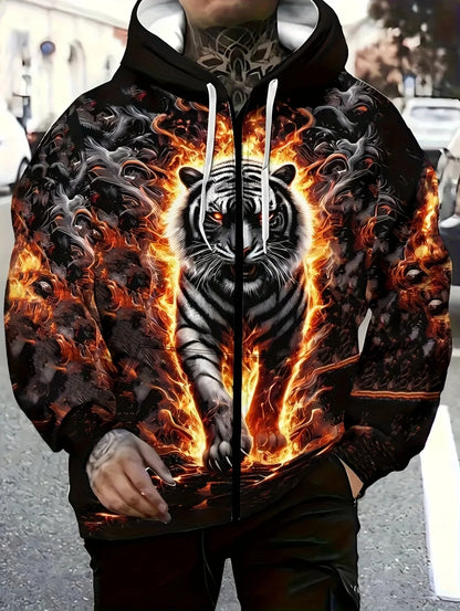 2025 Men's Long Sleeve Zip-up Tiger Graphic Hoodie Casual Outdoor Fashion Coat with Drawstring and Pockets Zip-up Hoodie for Men