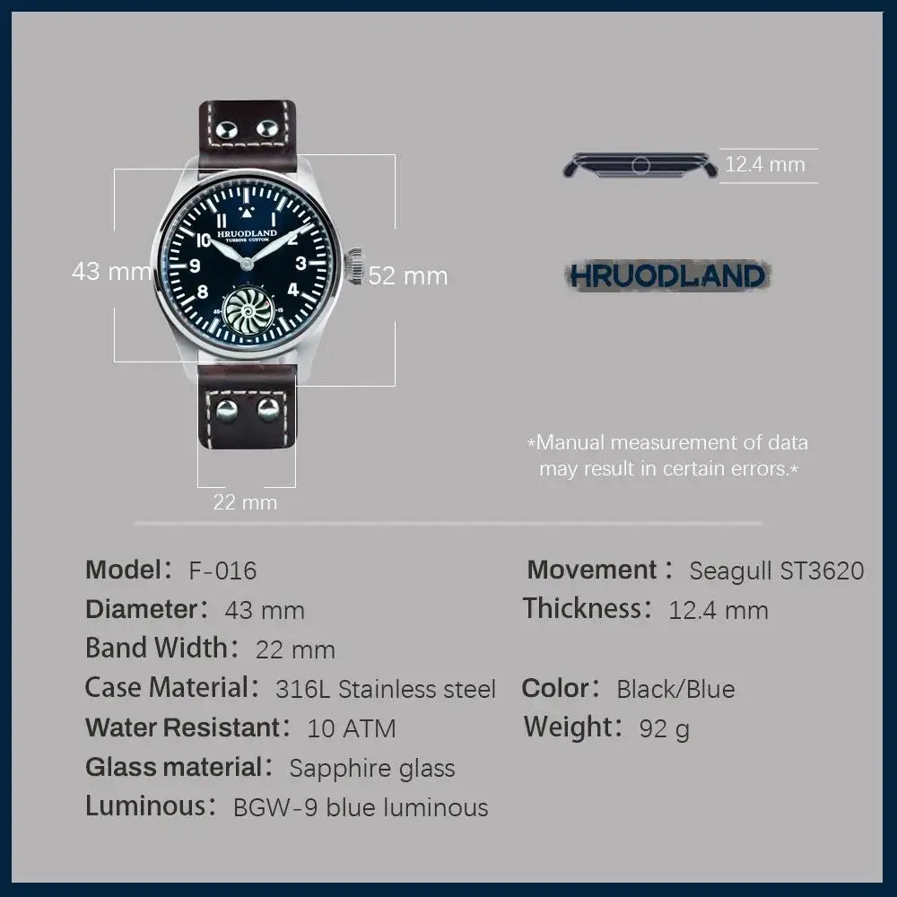 Hruodland 2025 New Men's Mechanical Watch Seagull ST3620 Retro Pilot 43MM BGW-9 Luminous Sapphire Crystal Turbine Watch