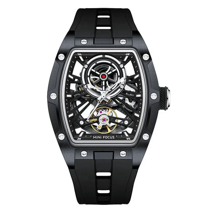 MINI FOCUS Herren-Armbanduhr, modisch, schwarz, wasserdicht, automatische mechanische Uhr mit Leuchtzeigern, Silikonarmband und Tonneau-Zifferblatt